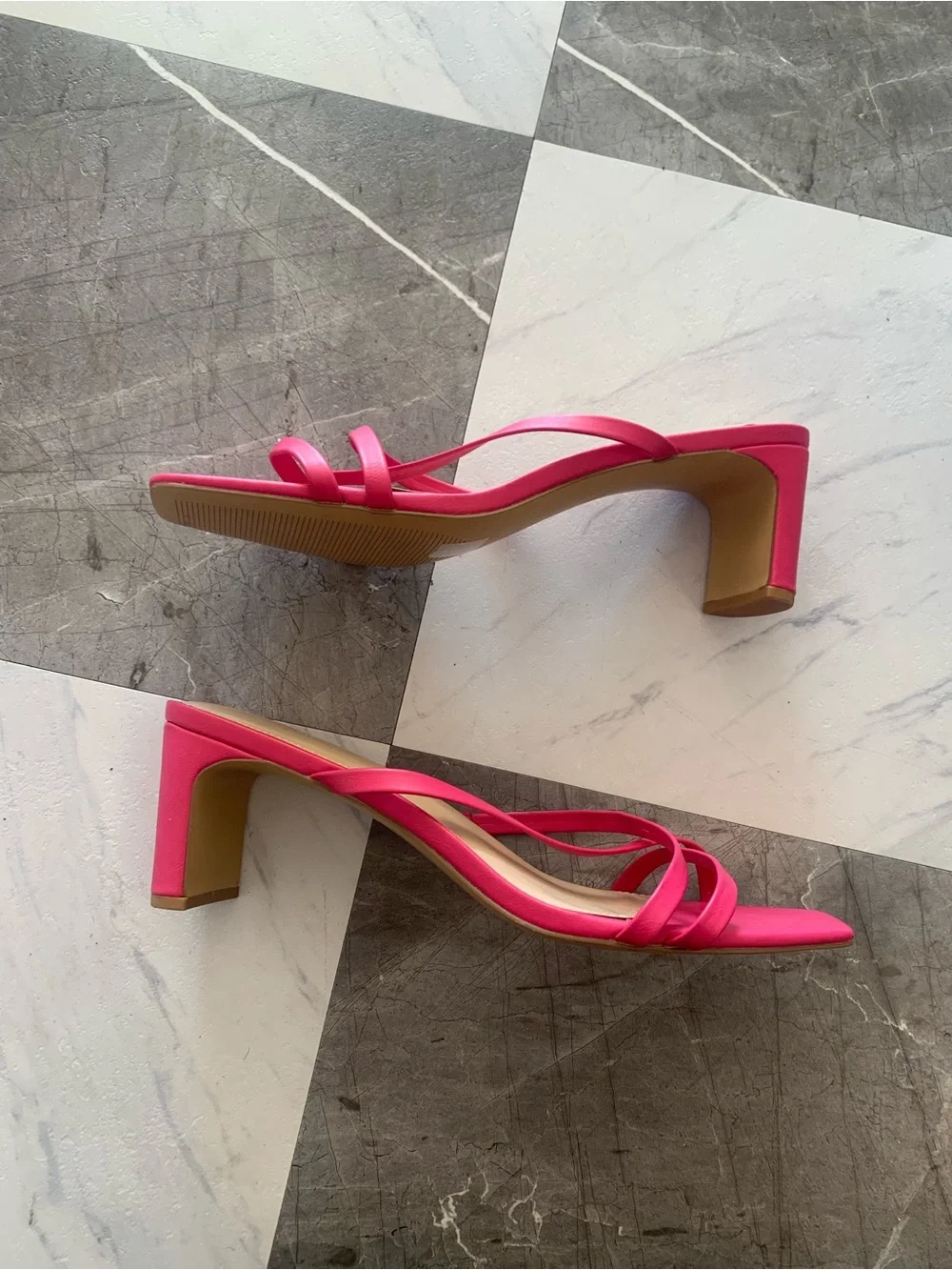 Bright Pink Strappy Square-Toe Heels